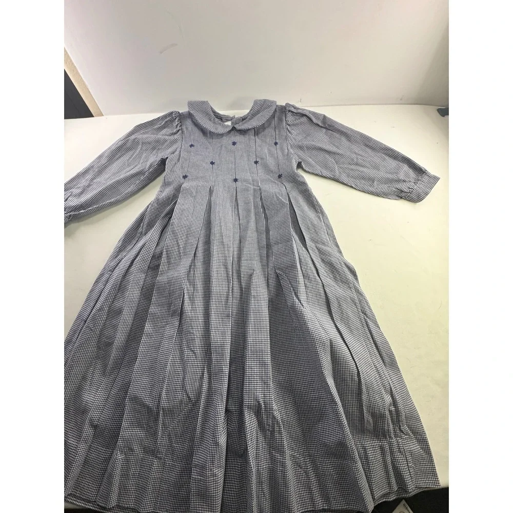 Strasburg Children Blue Houndstooth Embroidered‎ Dress Peter Pan Collar 7Y